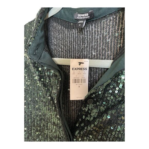 NWT Express Women’s Relaxed Portofino Green Sequin Button Up Shirt Medium - Picture 3 of 8